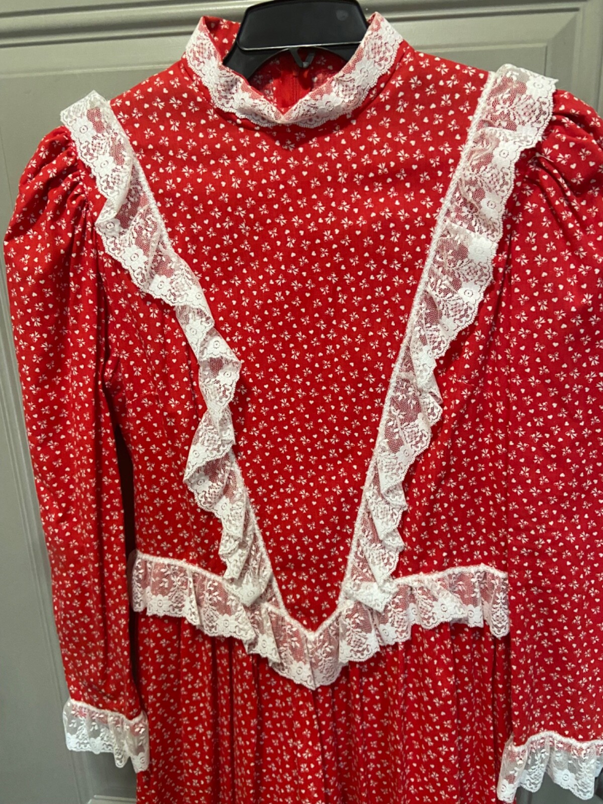 Handmade Red Bow Prairie Amish Dress Lace Costume Cottage Core SZ L..12/14 READ