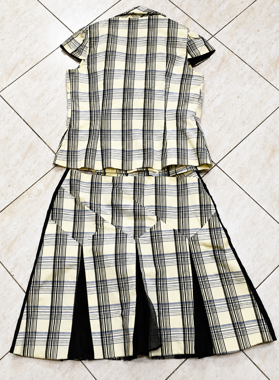 Vintage Raxevsky Women’s Yellow Cream Plaid Top & Skirt Set Made in Greece