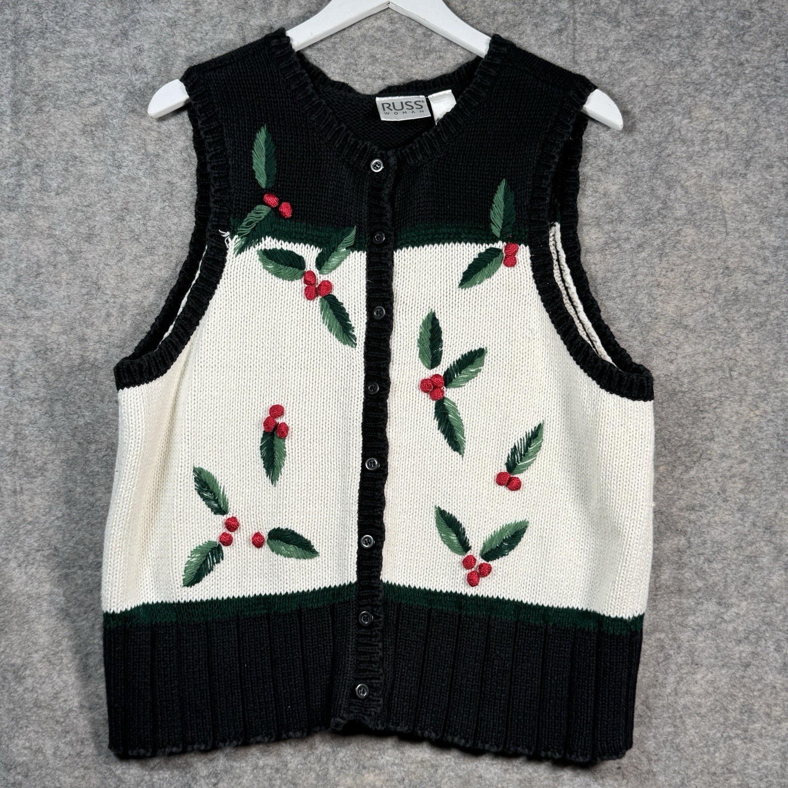Vintage 90s Womens Russ Woman Christmas Knit Cardigan Sweater Vest Size 14/16W