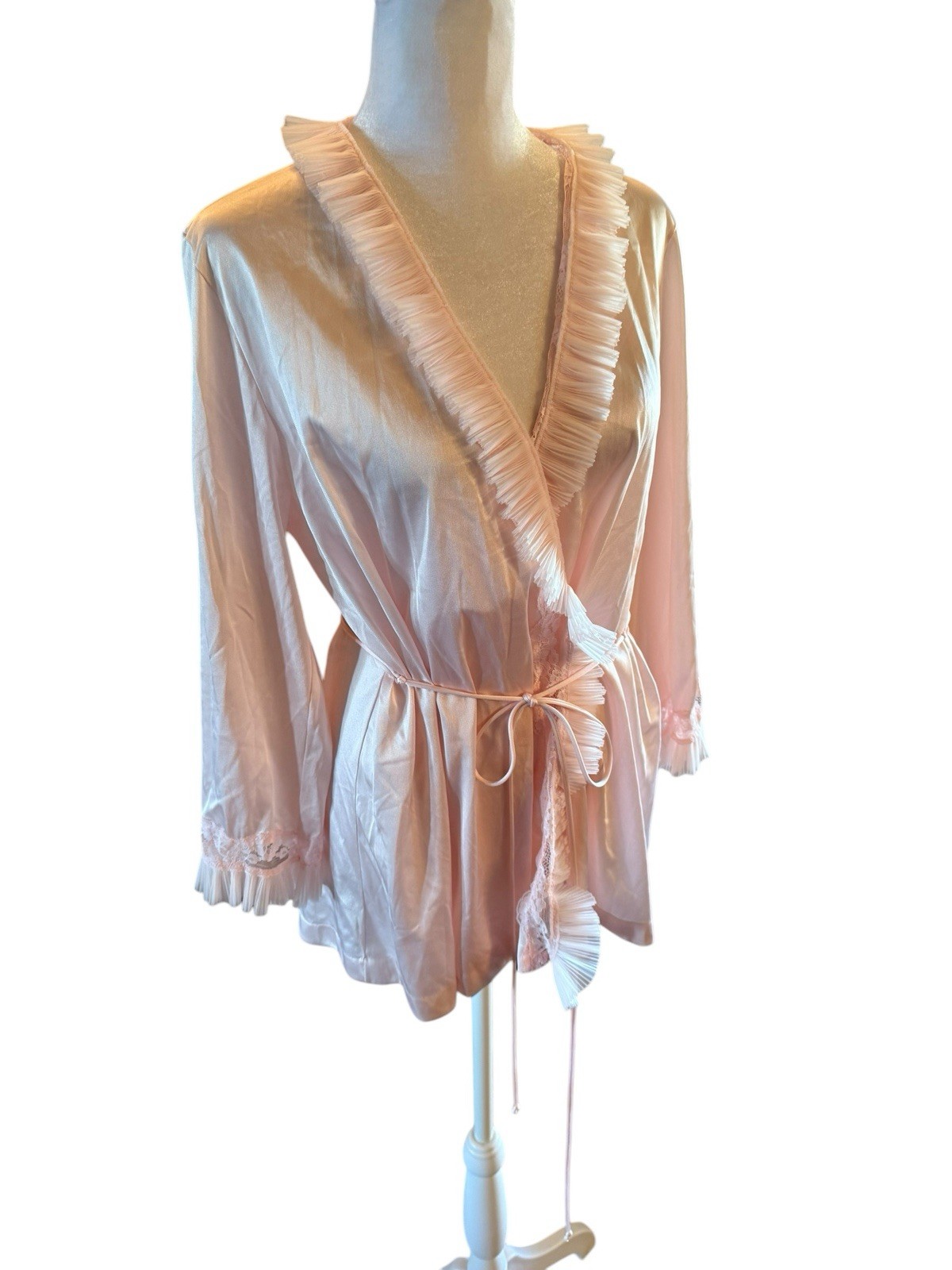 Vintage Jolie Two Pink Night Gown Top Short Robe Bed Jacket Ruffle Tie Nylon S