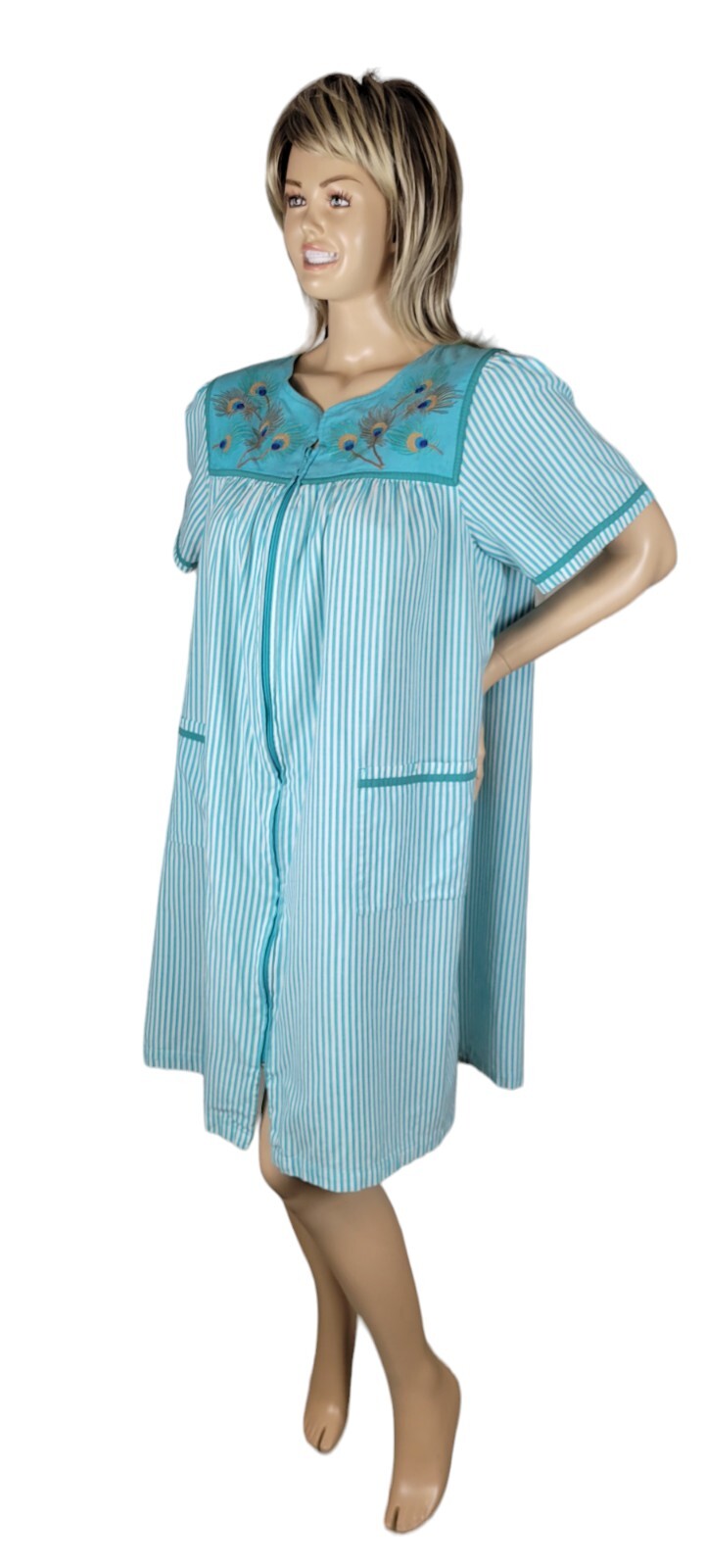 Vintage Go Softly Patio House Dress Stripes & Peacock Feathers Full Zip Boho XL