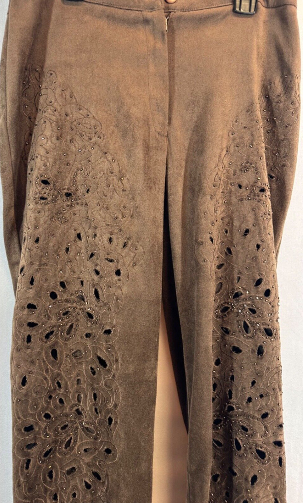 Vintage Joseph Ribkoff 6 Faux Brown Suede Pantsuit With Floral Cut OutsTrim D46