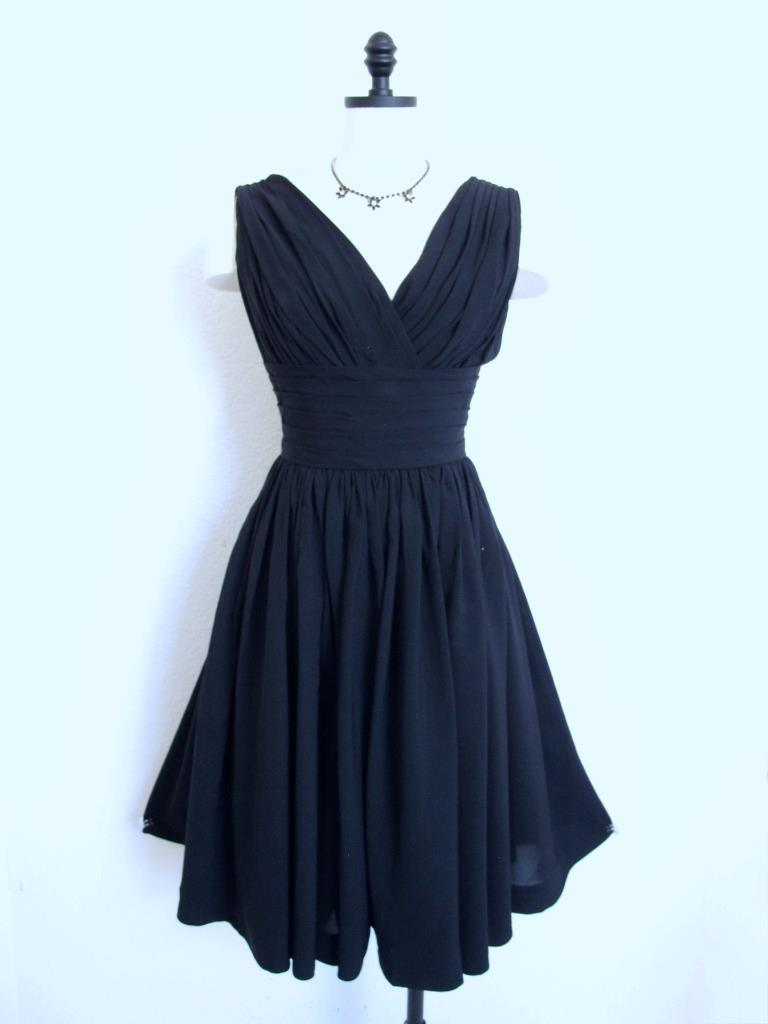 Vintage 50s Miss Elliette Black Cocktail Dress XS Bombshell Ruched Full Skirt