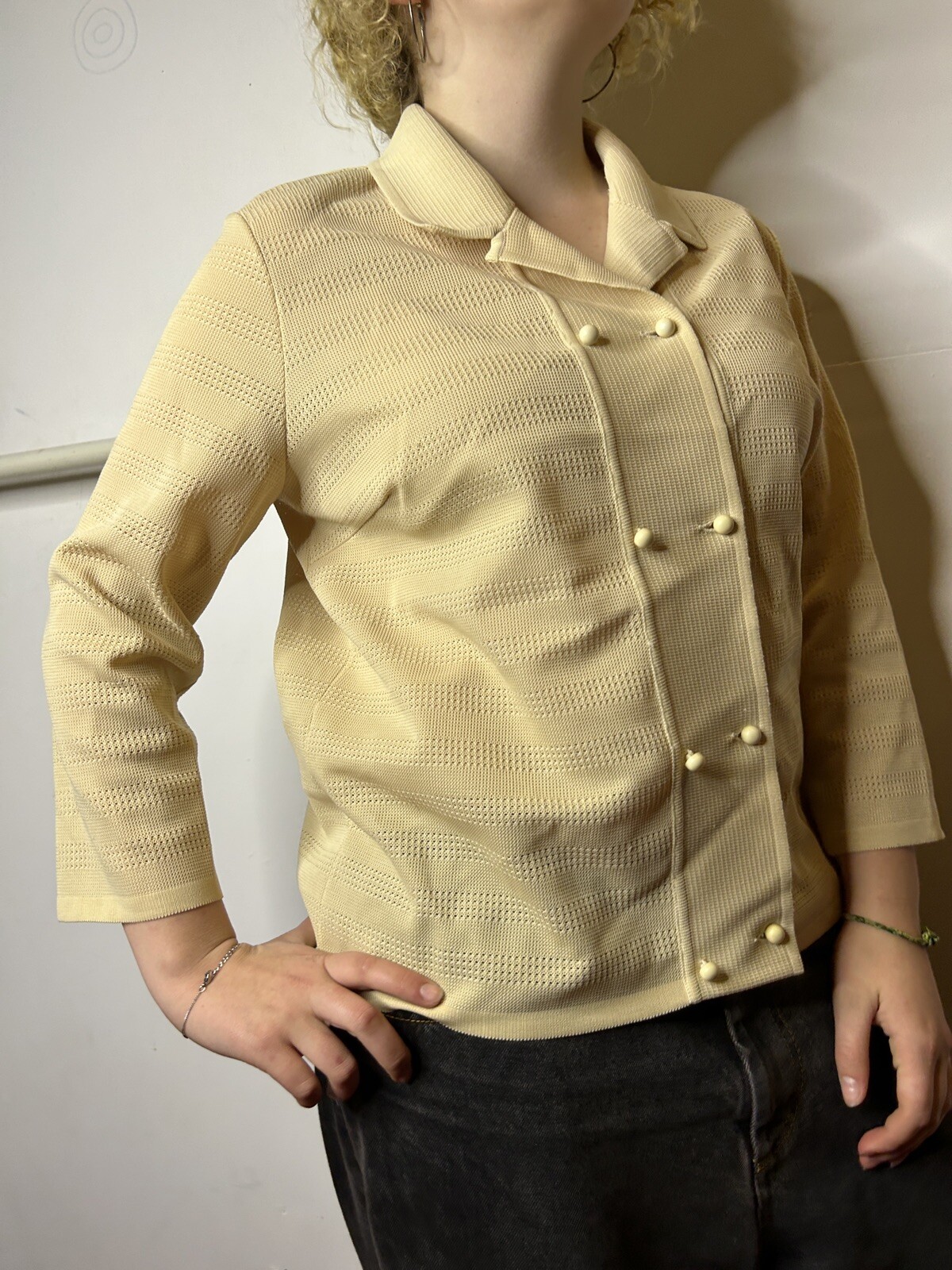 Vintage 1980s Knit Polyester Collared Blouse Cream White Double Breasted AU 14