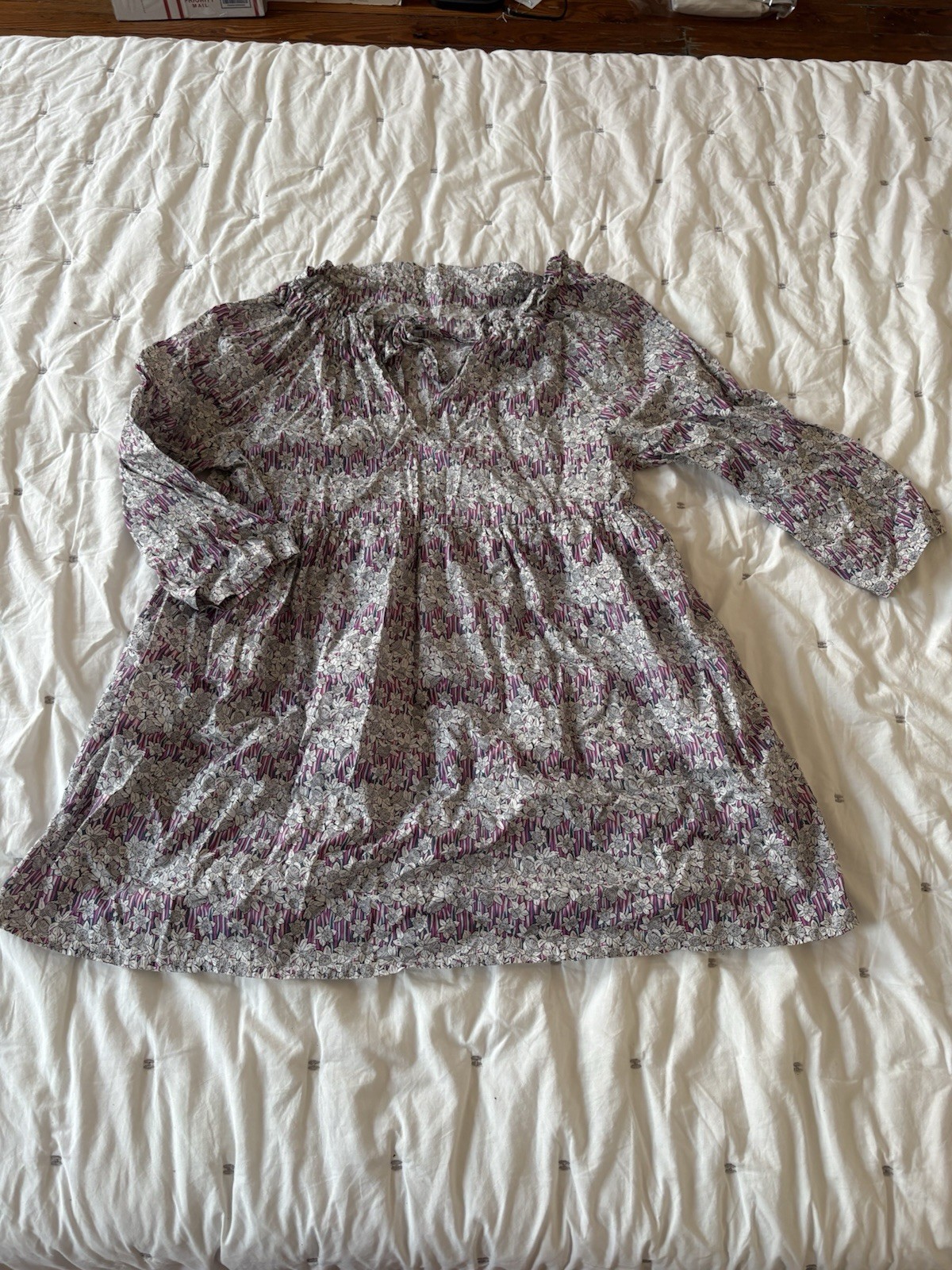 Boho Prairie Cottagecore Floral Blouse Smocked Tie Neck Romantic Tunic Top Large