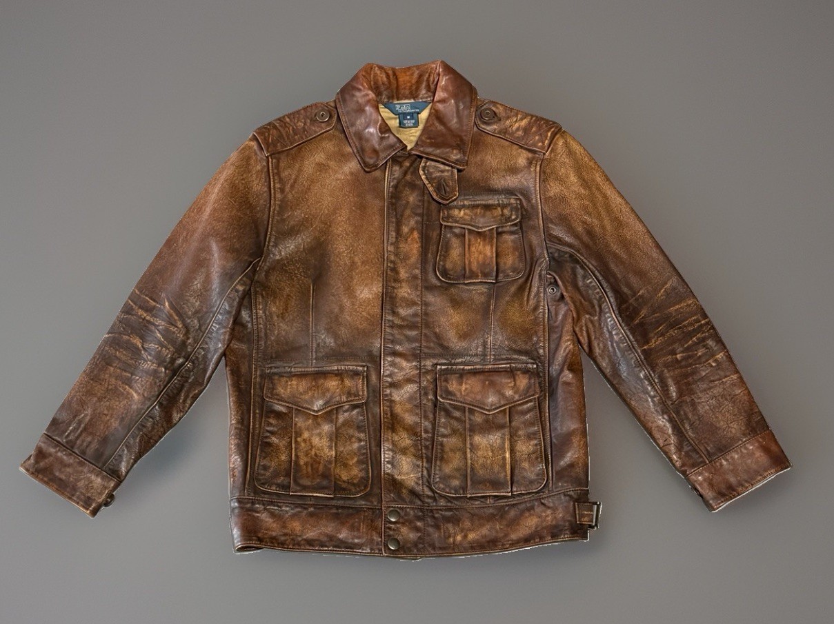 POLO RALPH LAUREN Vintage Leather Jacket M Brown Cowhide Military Style