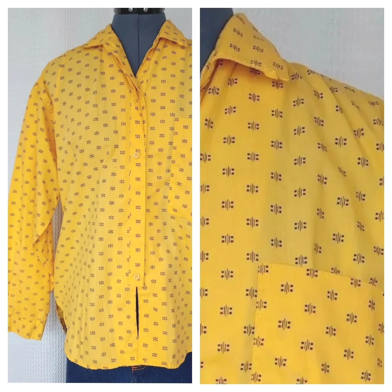 Vintage Good Look’n Yellow Button Down Shirt with Black Pattern Size Medium
