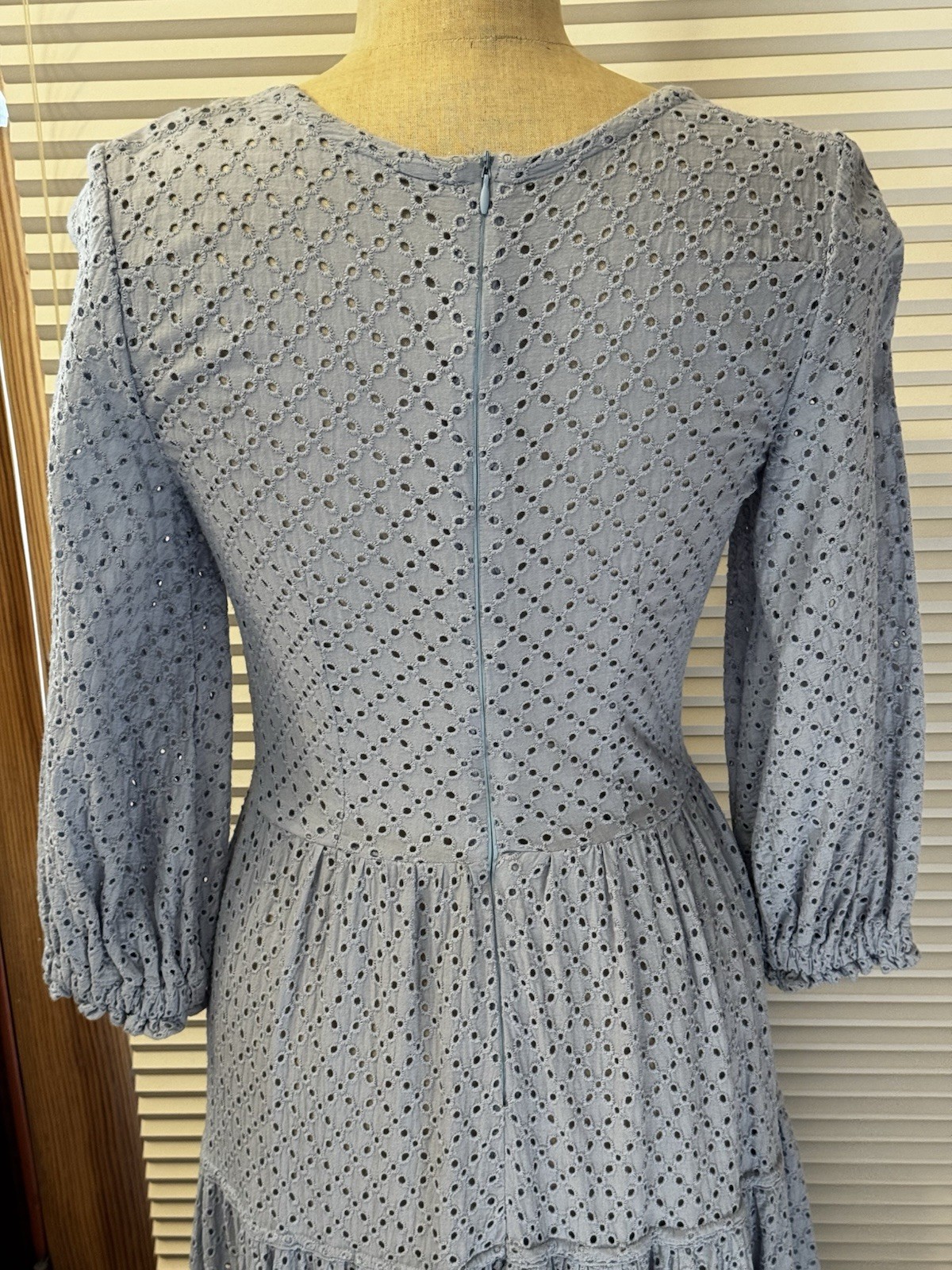 Vtg 70s Milkmaid Maxi Dress Blue Eyelet Lace Corset Peasant Boho Cottagecore S