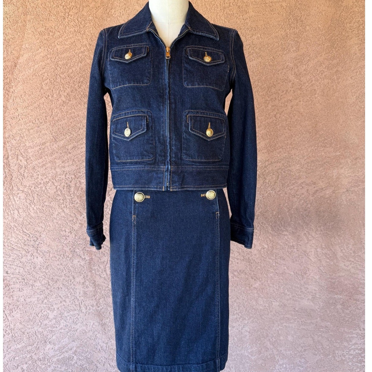 Vintage 2000s Ralph Lauren Denim Jacket & Skirt Set Gold Button Suit Petite