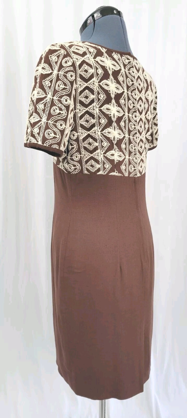 Vintage Yves Cosette Depeche Mode Brown Dress w Cream Embroidery Size 8
