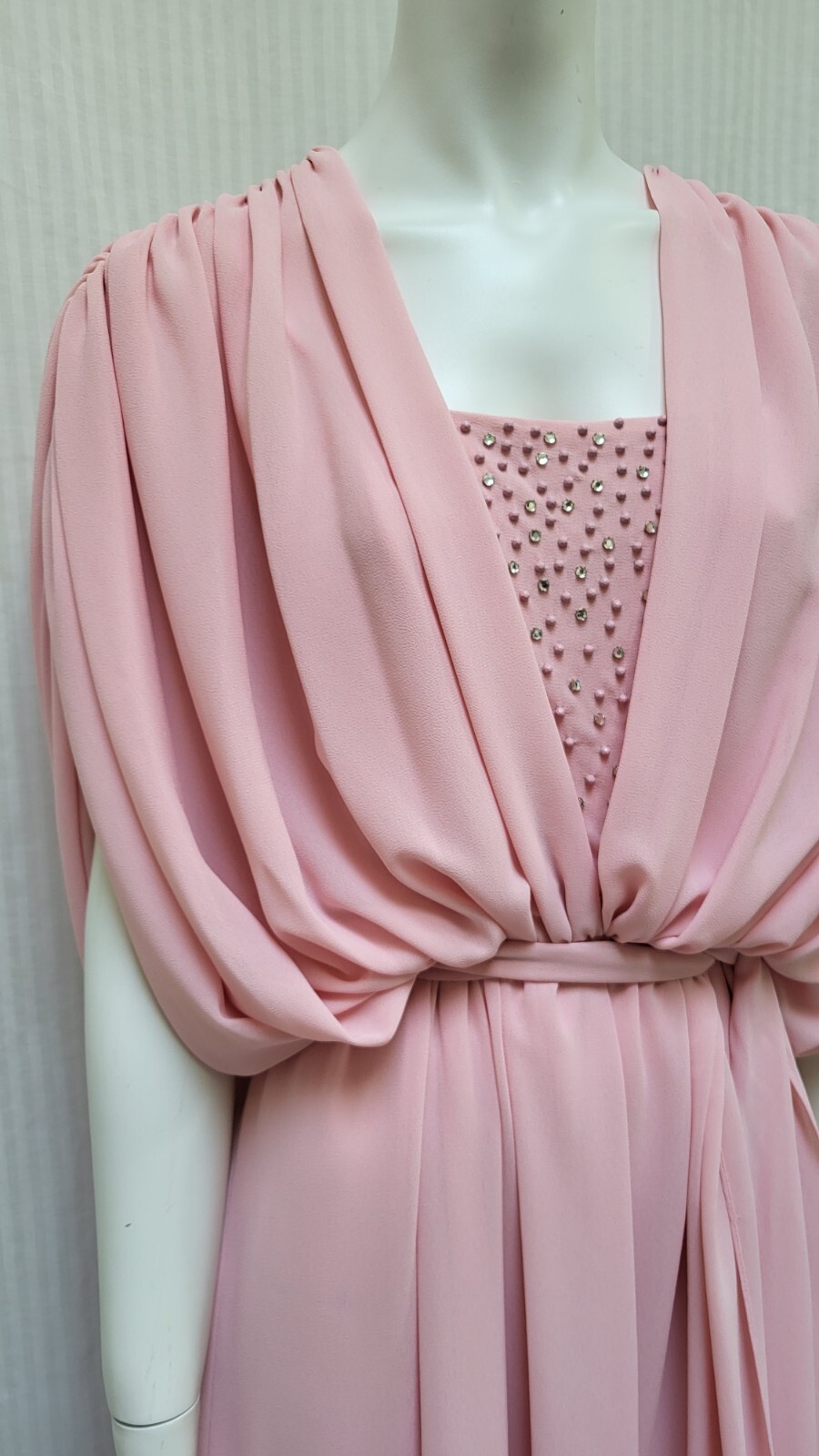 Vintage KAY KIPPS Pink Crepe Chiffon Draped Goddess Gown Dress – Size S – EUC