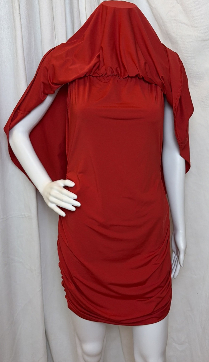 VTG 70s 80s Sexy Disco Party Clubwear Red Ruched Dolman Capelet Mini Dress S/M