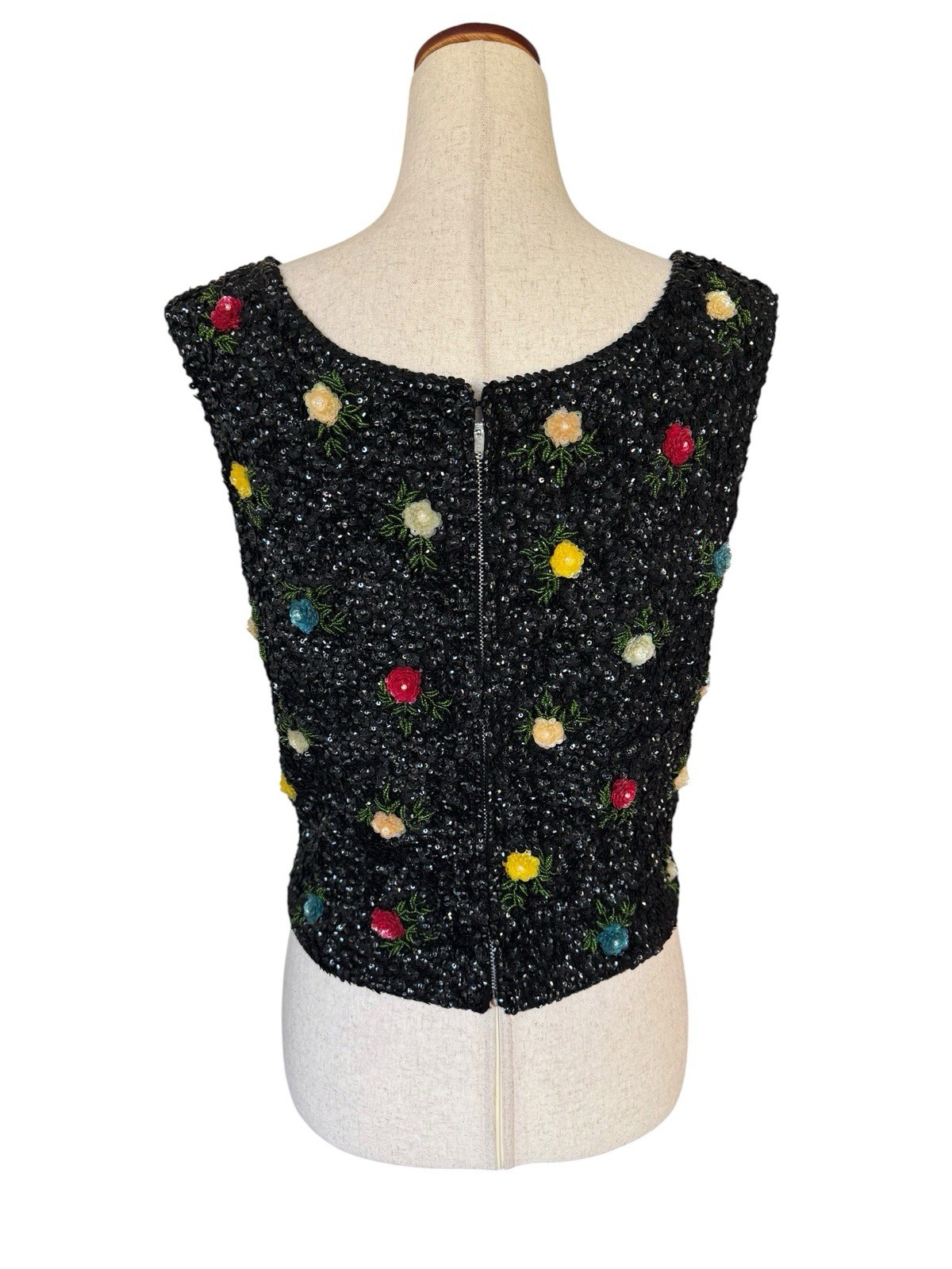Vintage 60s House of Gold Beaded Sequin Floral Sleeveless Evening MCM Top Medium