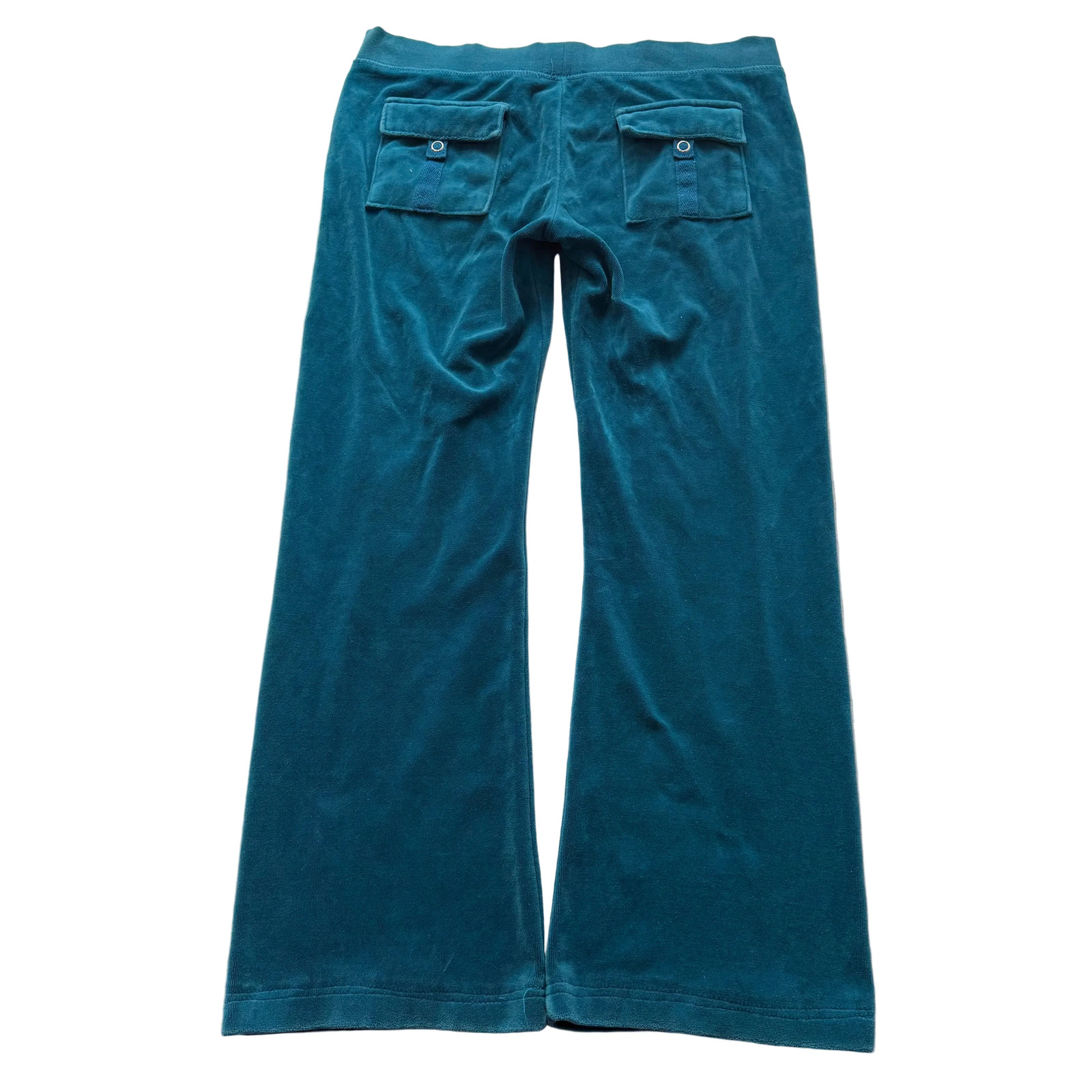 Vintage Juicy Couture Women’s Dark Teal Velour Flared Track Pants Pockets Size L