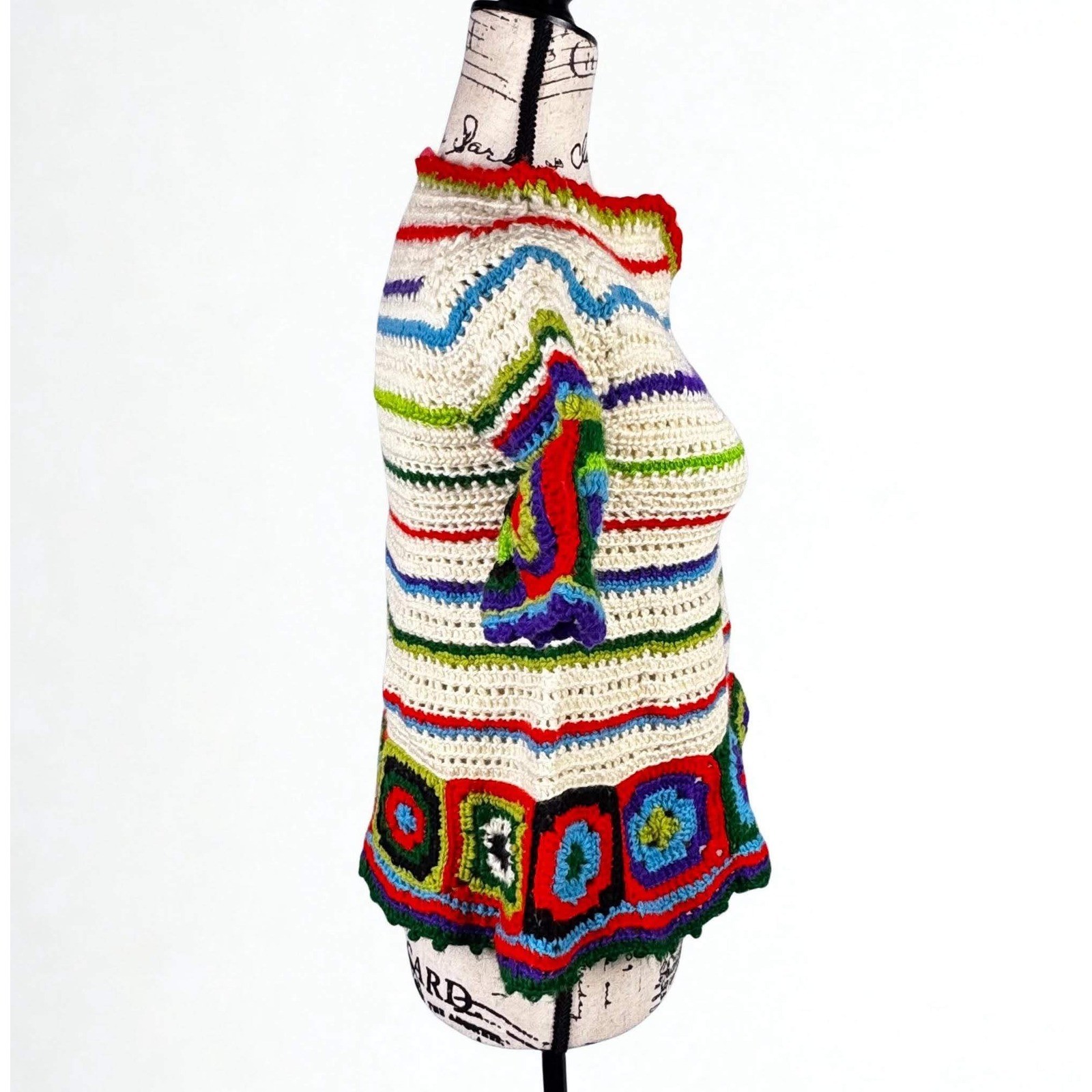 Vtg 70’s Crochet Granny Square Top Wool Rainbow Retro One Size See Measurements