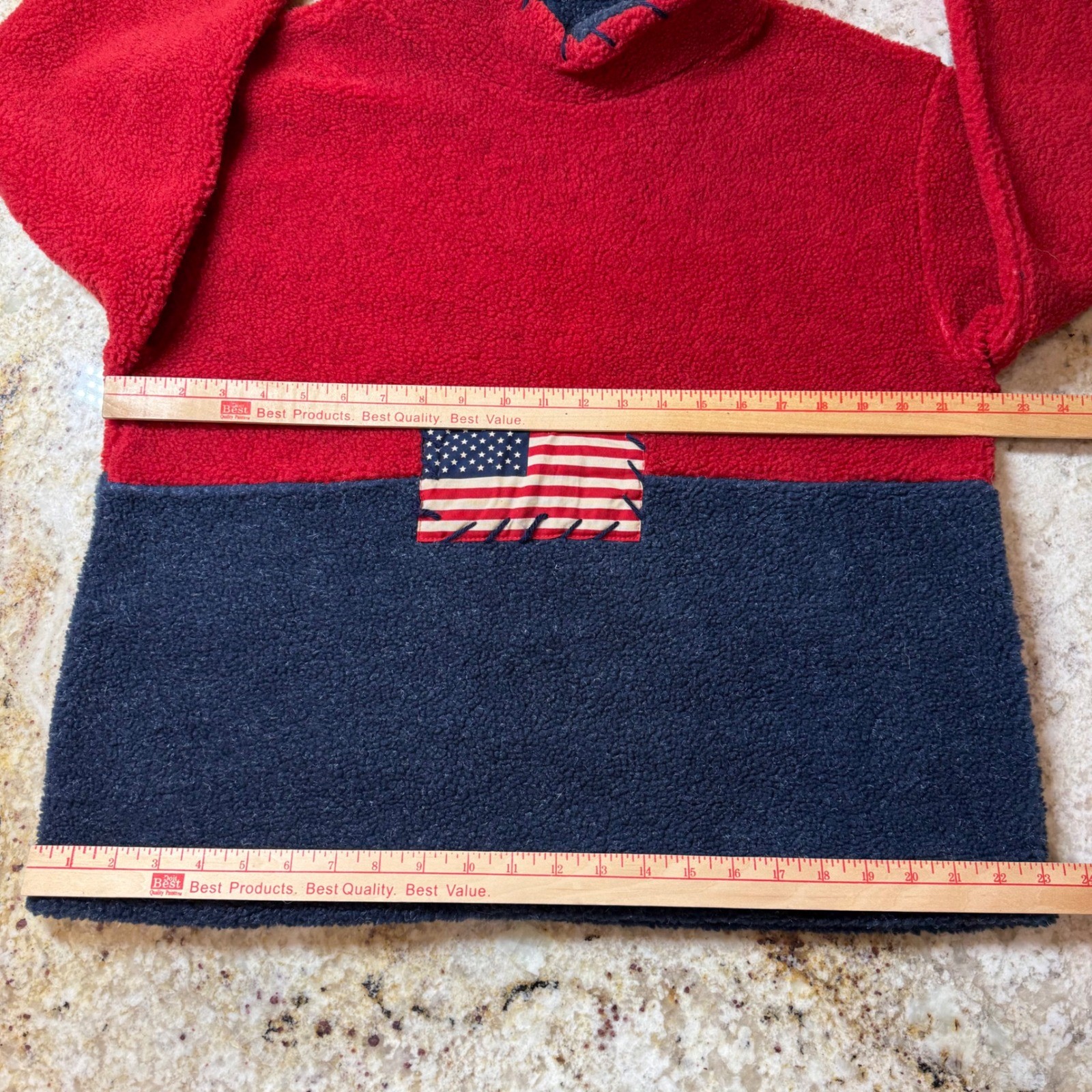 Vintage Real Comfort USA Fleece Pullover L Red Navy Americana Flag Mock Neck