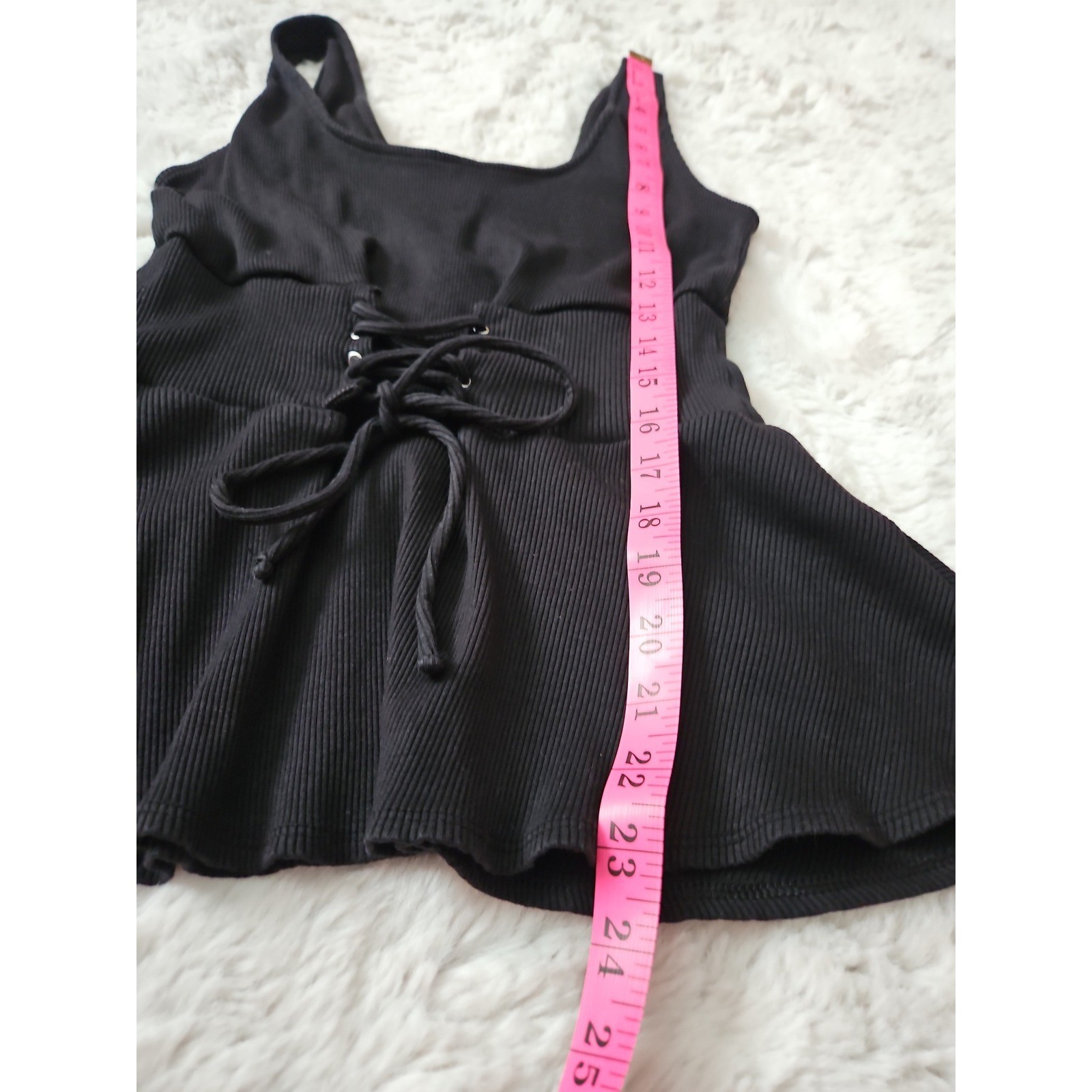 Y2K Aesthetic Corset Top Medium Black Peplum Lace Up Ribbed Grunge Streetwear