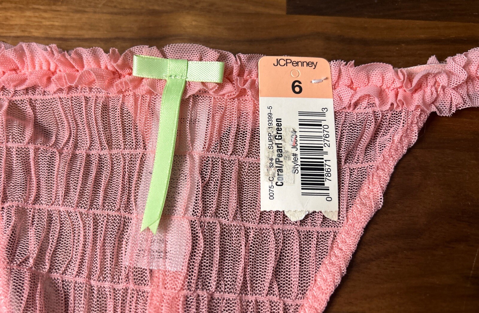 NWT Vtg Delicates Thong Chiffon Lace Frilly String Panties JCPenney Size 6 Pink
