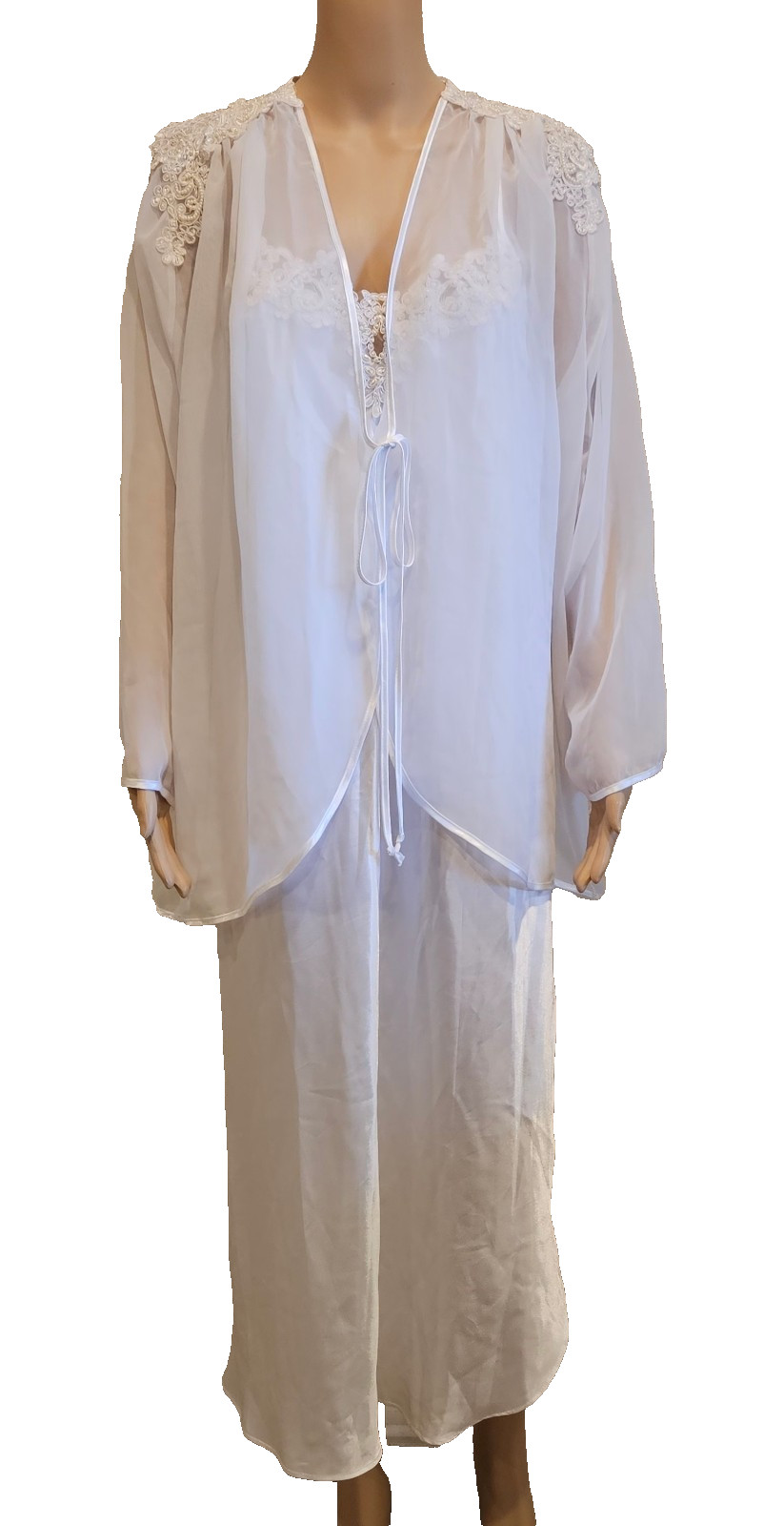 Vintage Intimo Amore White Beaded Satin Bridal Nightgown Sz XL & Sheer Robe Sz L