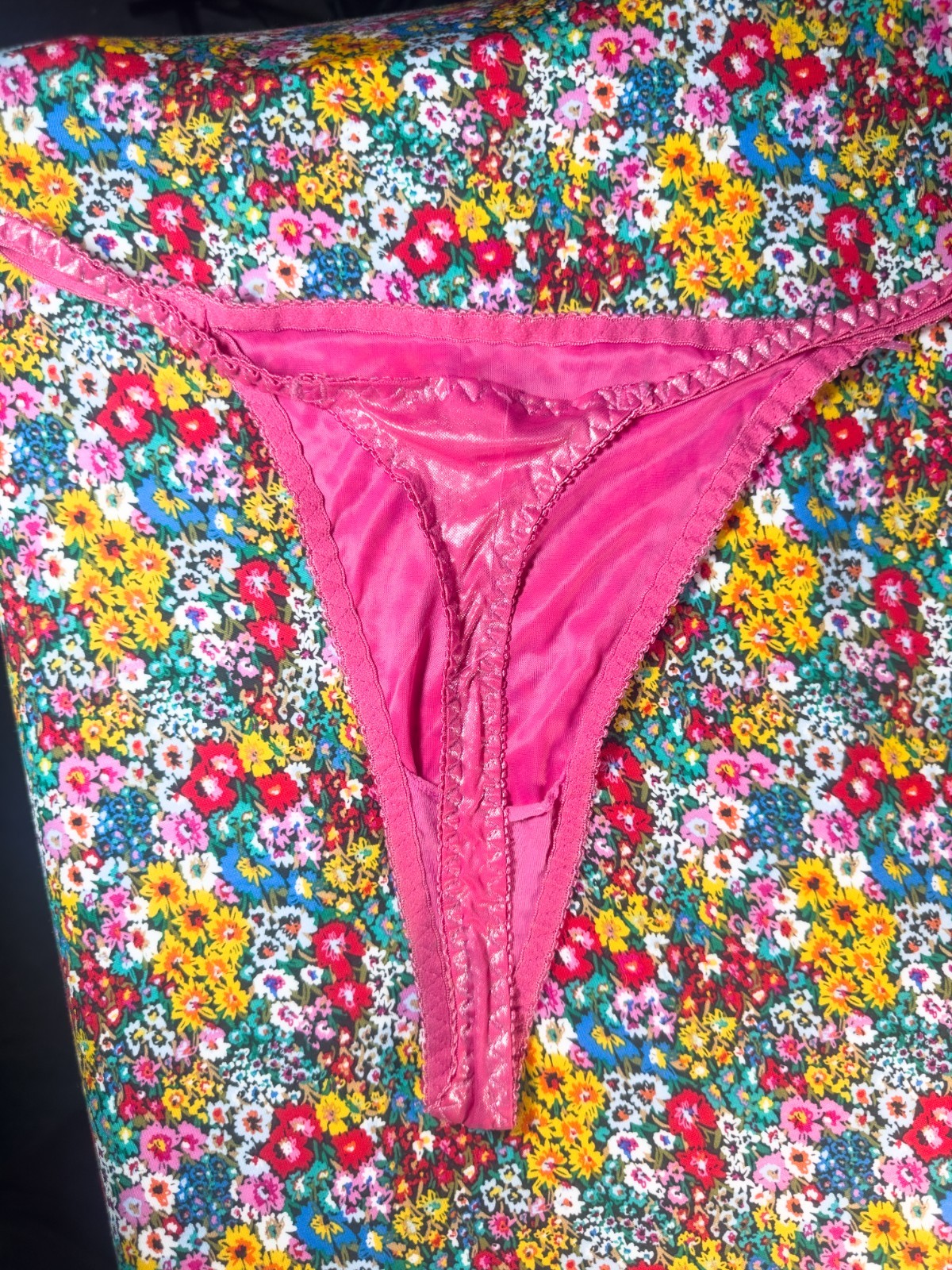 VTG Satin Hot Pink Metallic Foil Thong M6