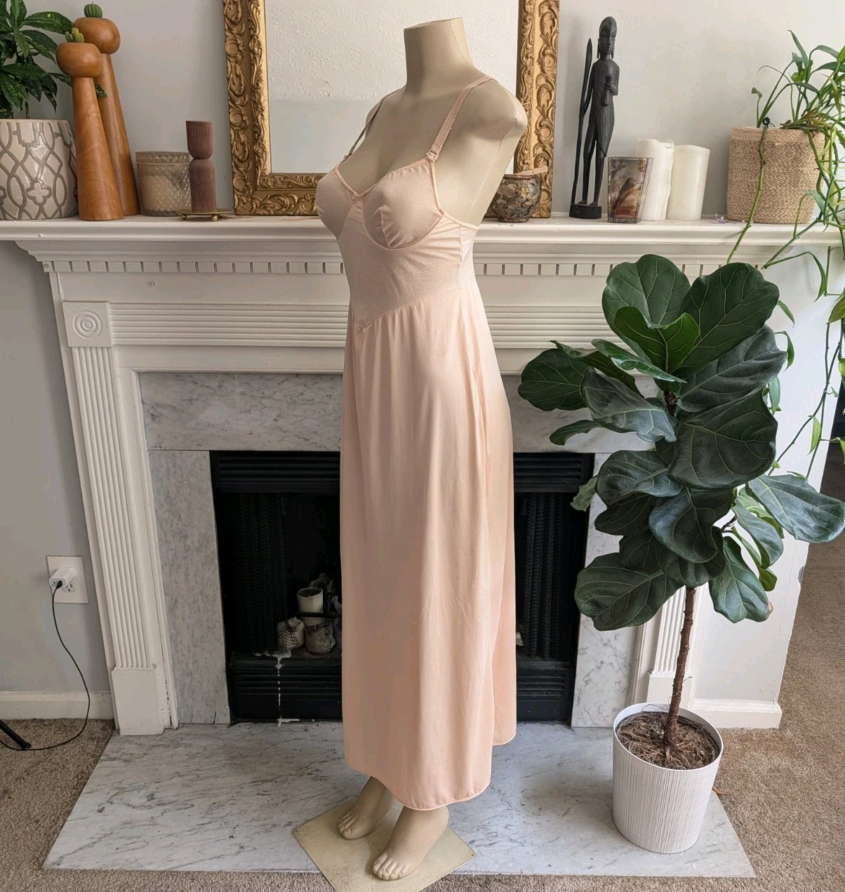 Vintage 80s Glydons Blush Nude Full Slip Dress Antron Nylon Lycra 36 Sheer