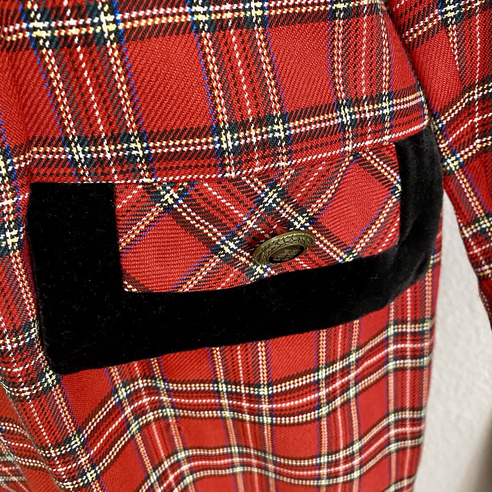 Vintage Sharon Young Plaid Dress Velvet Trim Mock Pockets Unlined Cute Buttons