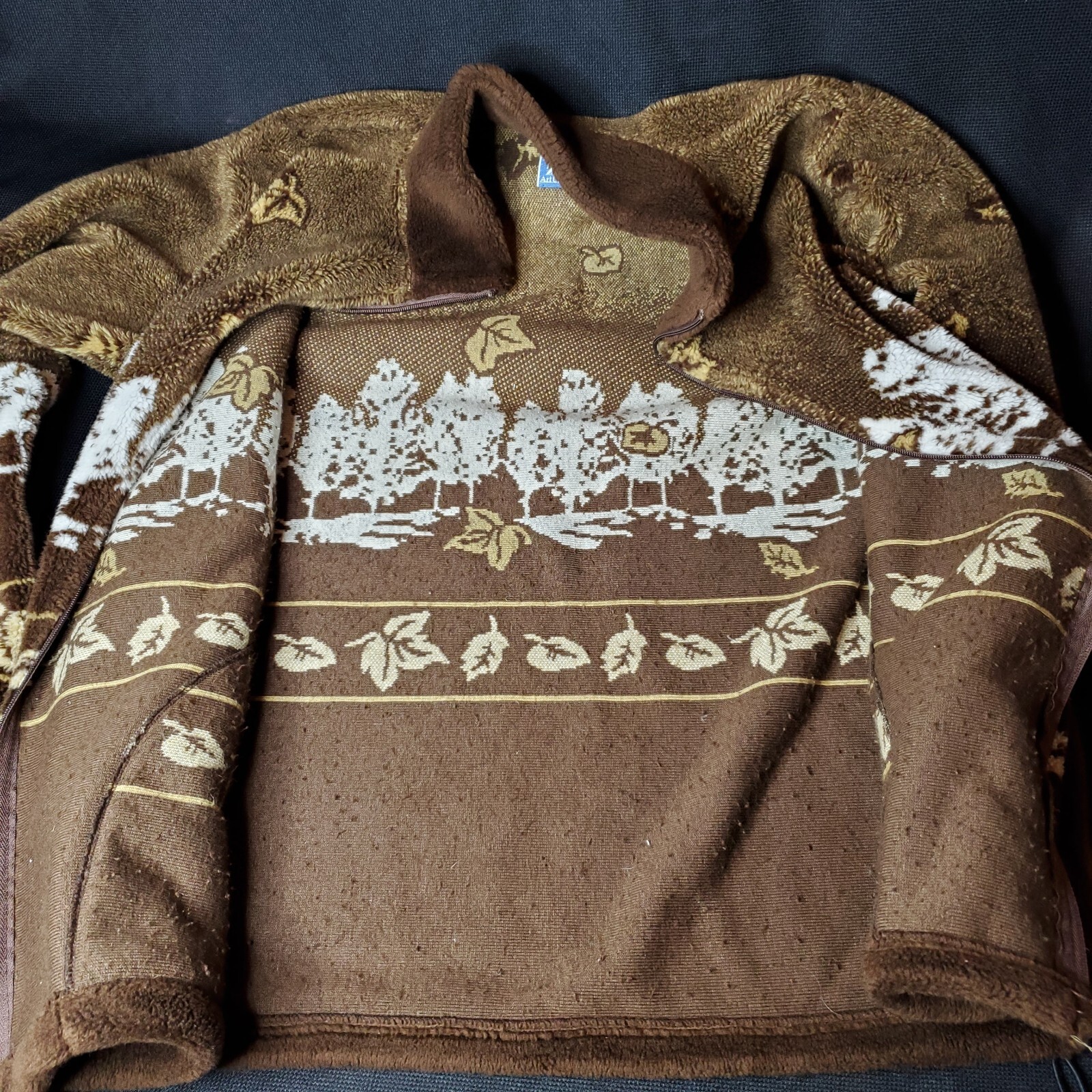 VTG 90s ART UNLIMITED Fleece Jacket AOP Autumn Graphic Brown Full-Zip Adult S