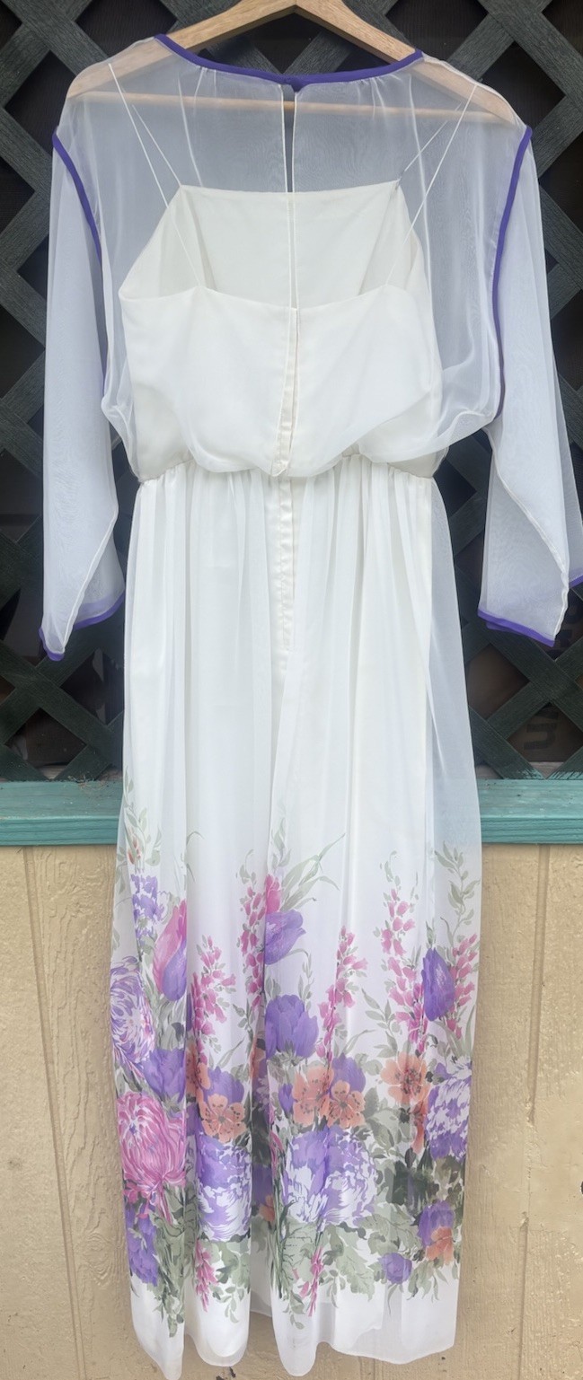 Vintage 70s Miss Elliette CA White/ Floral Maxi Dress Sz 10 Layered Sheer