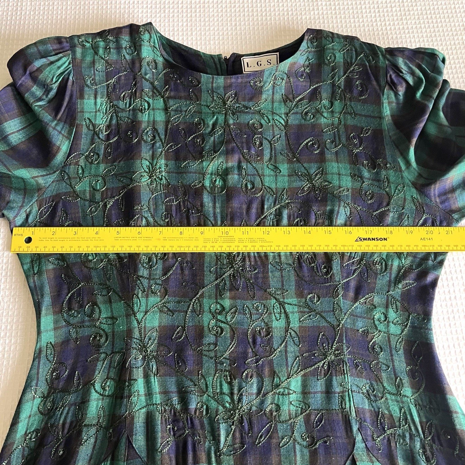 VTG LGS 90s Plaid Embroidered Drop Waist Maxi Dress 12 Tartan Plaid Shoulder Pad
