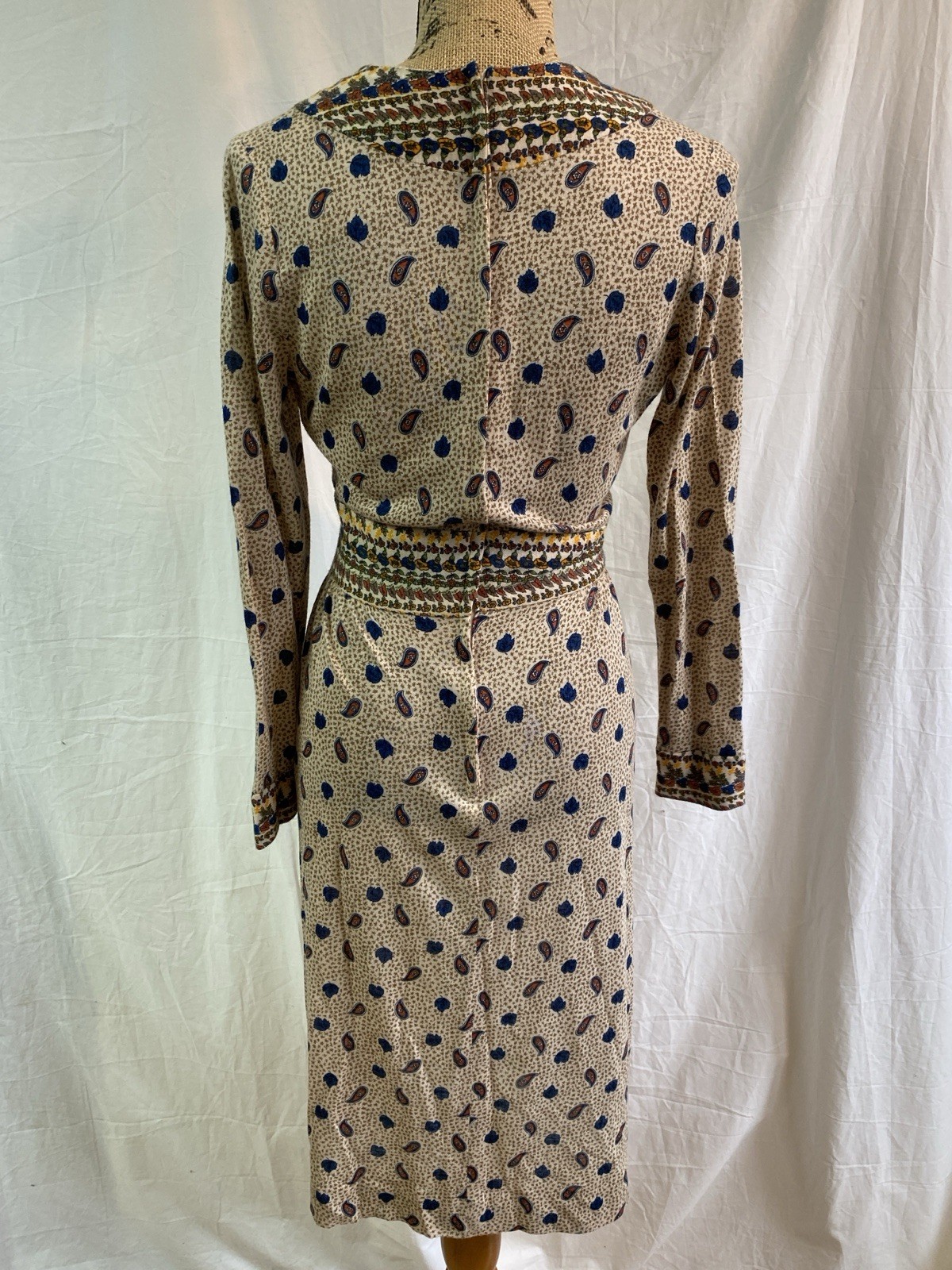 Vintage 70s Midge Grant Career Dress Wrap Bodice Inset Waist Paisley Modern 4