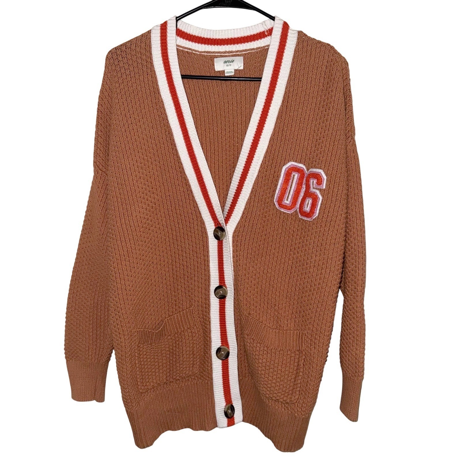 Aerie Rust Orange Knit Cardigan Varsity Style Patch XS Oversized Cotton