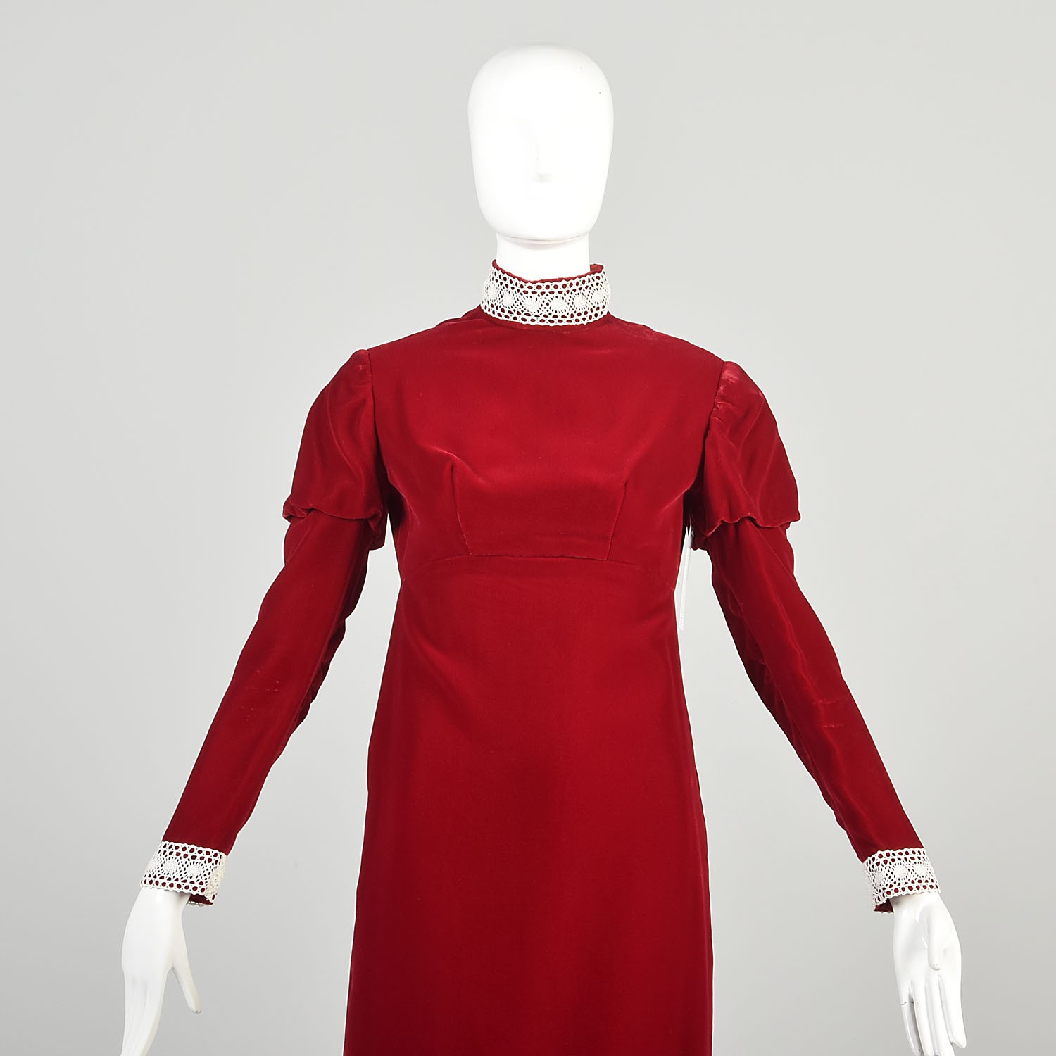 XS 1970s Red Velvet Dress Long Juliet Sleeve Empire Waist Lace Trim Formal Maxi
