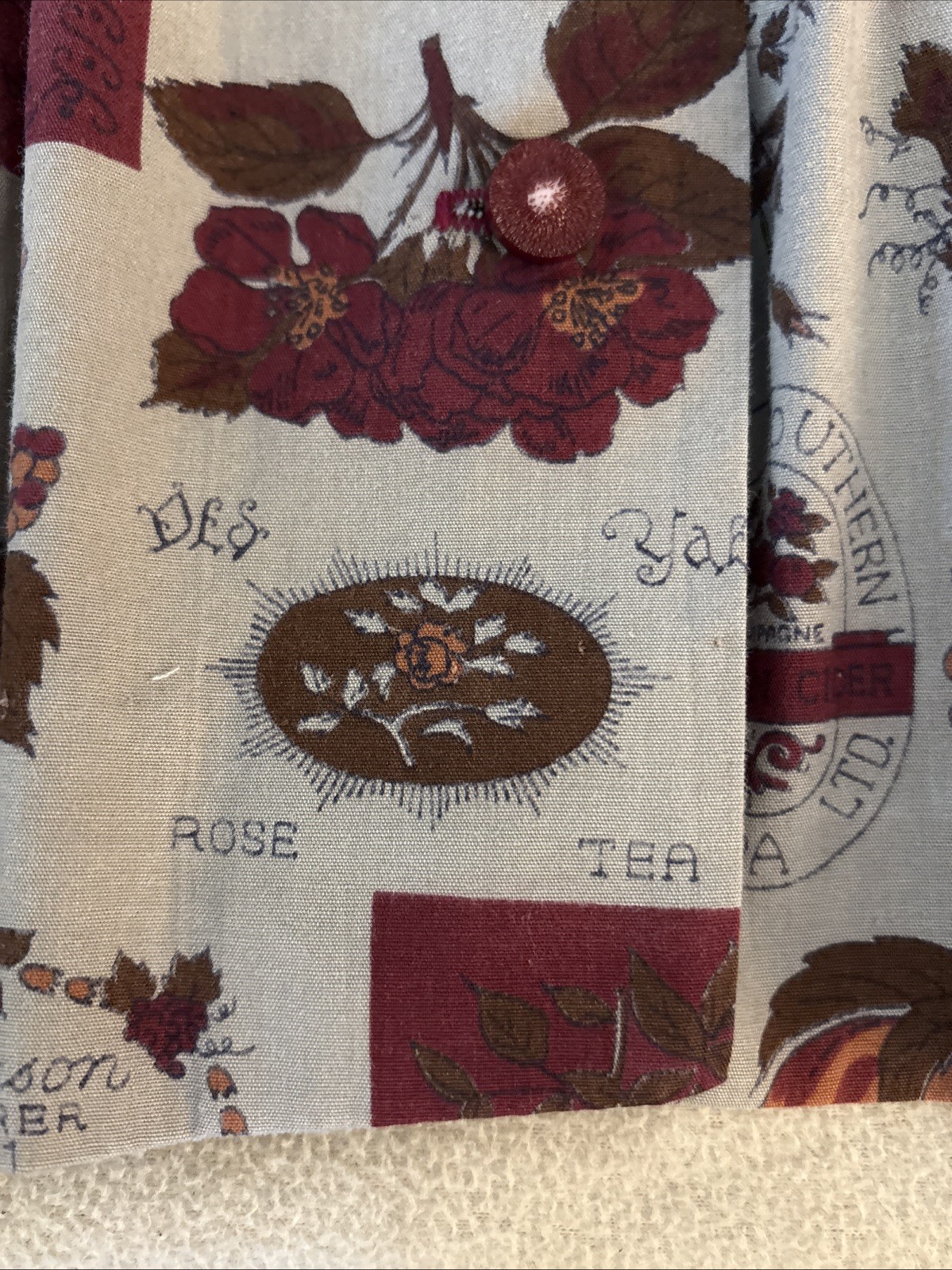 Vintage 1960’s Classic Shirtwaist Dress Tan Maroon Orange Graphics Fruit/Flowers