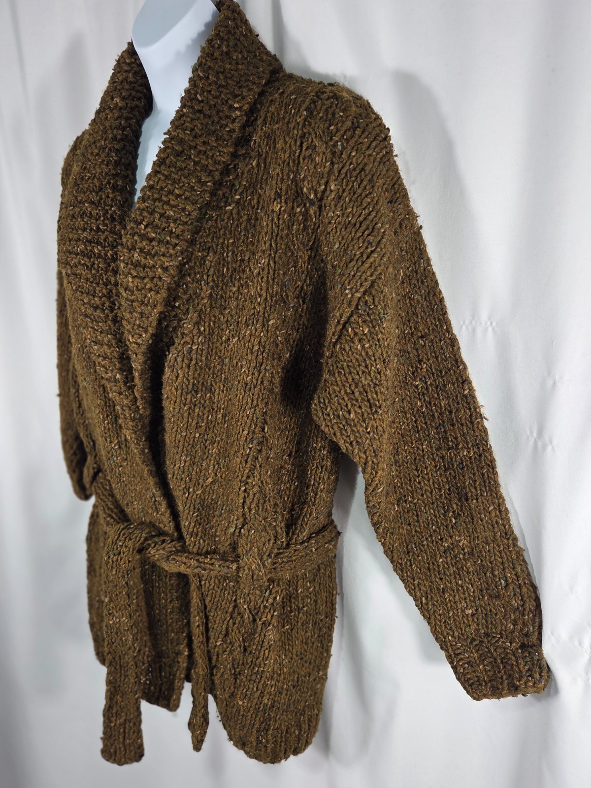 Vintage Women’s Perry Ellis Handknit Wool Belted Cardigan Olive Brown Size S