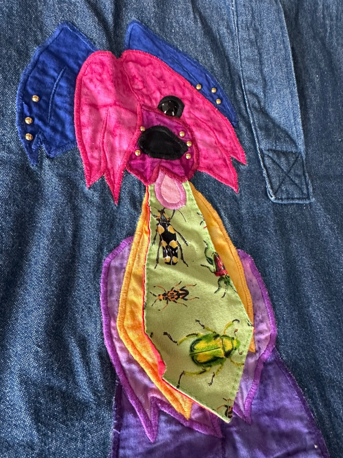 VTG Alfredo’s Wife Wearable Art Whimsical Dog Applique Denim Tunic SZ S OOAK
