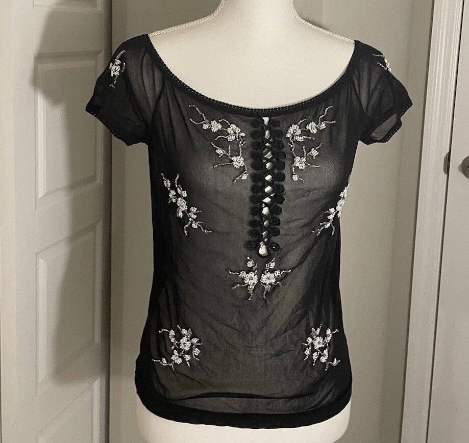 Vivienne Tam black mesh blouse with embroidered flowers
