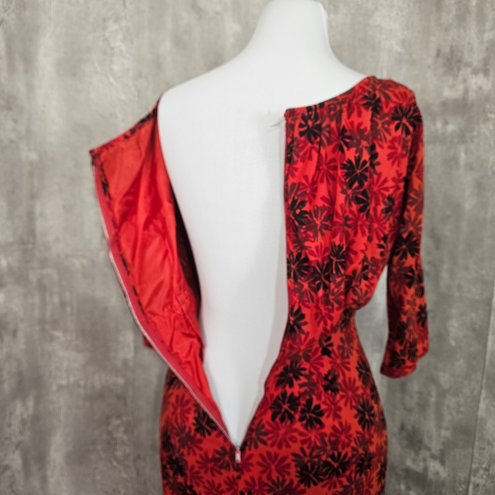 Vintage 60s Red Black Floral Wiggle Draped Back Dress Bow Waist Cocktail Party