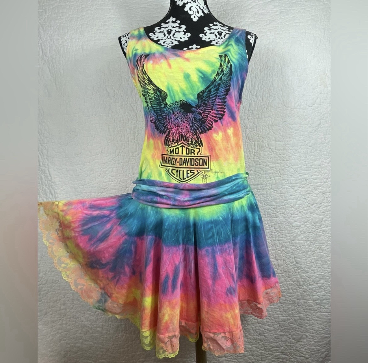 RARE VTG Harley Davidson Dress 1987 Holoubek Tie Dye Grunge Mini Flare Dress