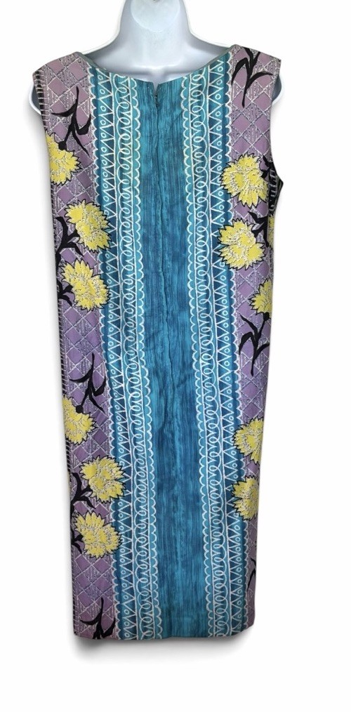 Vintage 50s Rhapsody by Glazier Mod Tiki Print Day Dress M Metal Zip Sleeveless