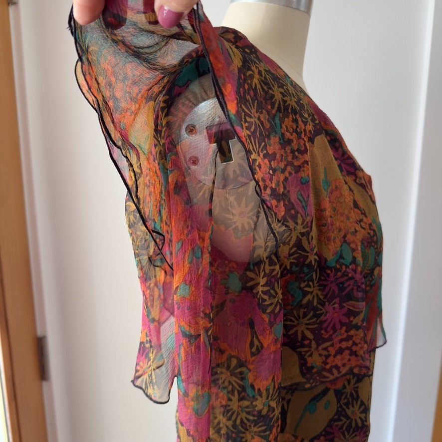 VTG Holly Harp 100% Silk Chiffon Tiered Ruffle Long Sleeve Floral Dress-Size Med
