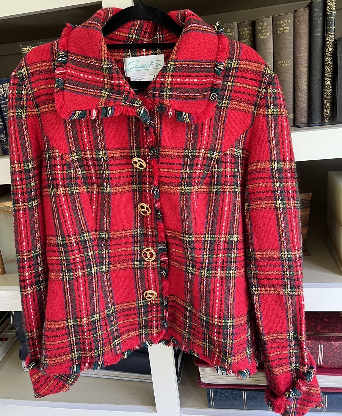 Vintage Santa Fe Red & Green Tartan Jacket Fringed Edges Cool Buttons Sz Medium