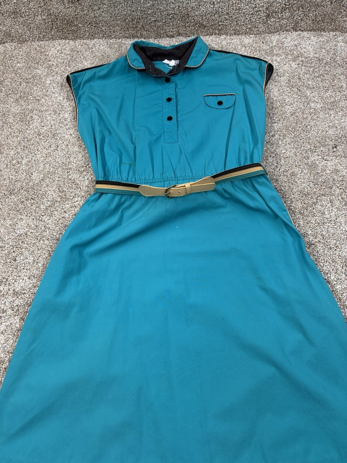 MISS JONI CALIFORNIA -Vtg 70s Teal Belted Sleeveless Button Up Dress Sz 16 #0081