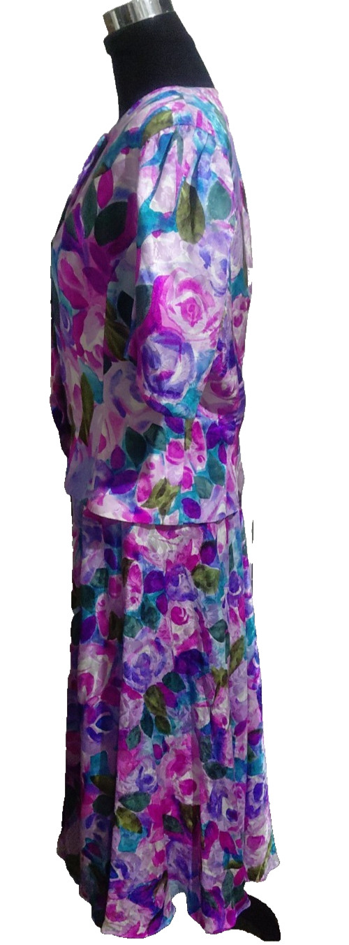 Adrianna Papell 2 PC 100% Silk Jacket & Long Skirt Pink Blue White Floral SZ 14