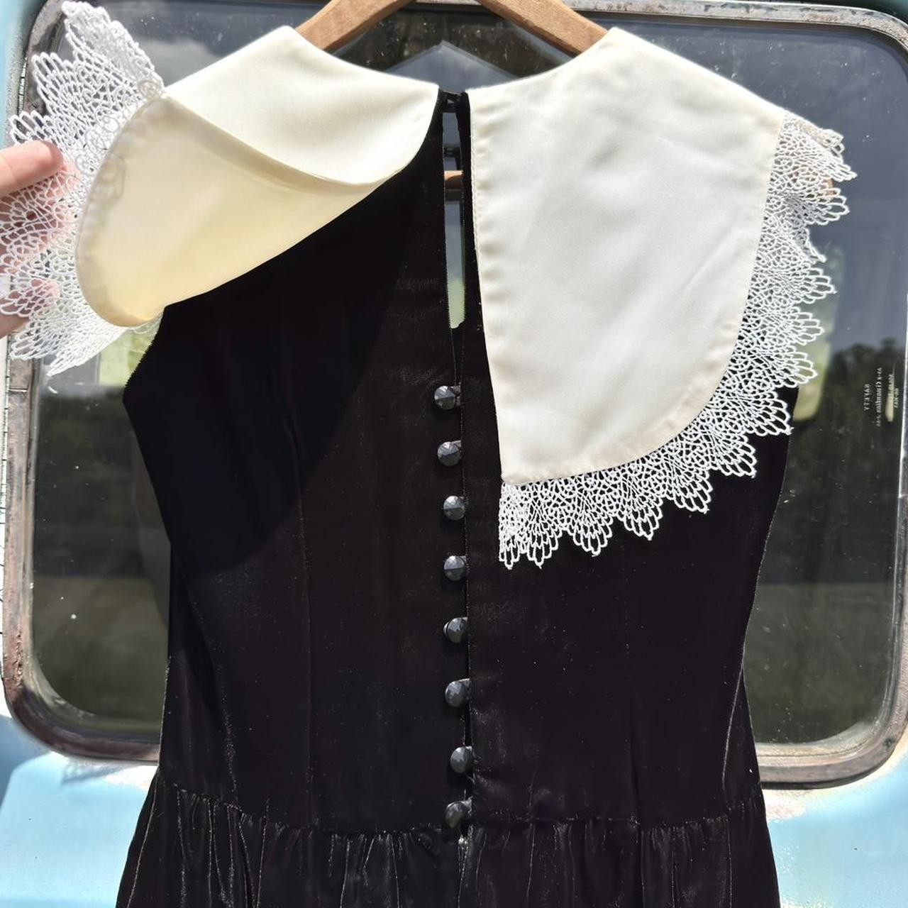 60s Miss Lanz black velvet dress w/ button back, large bow, satin lace collar