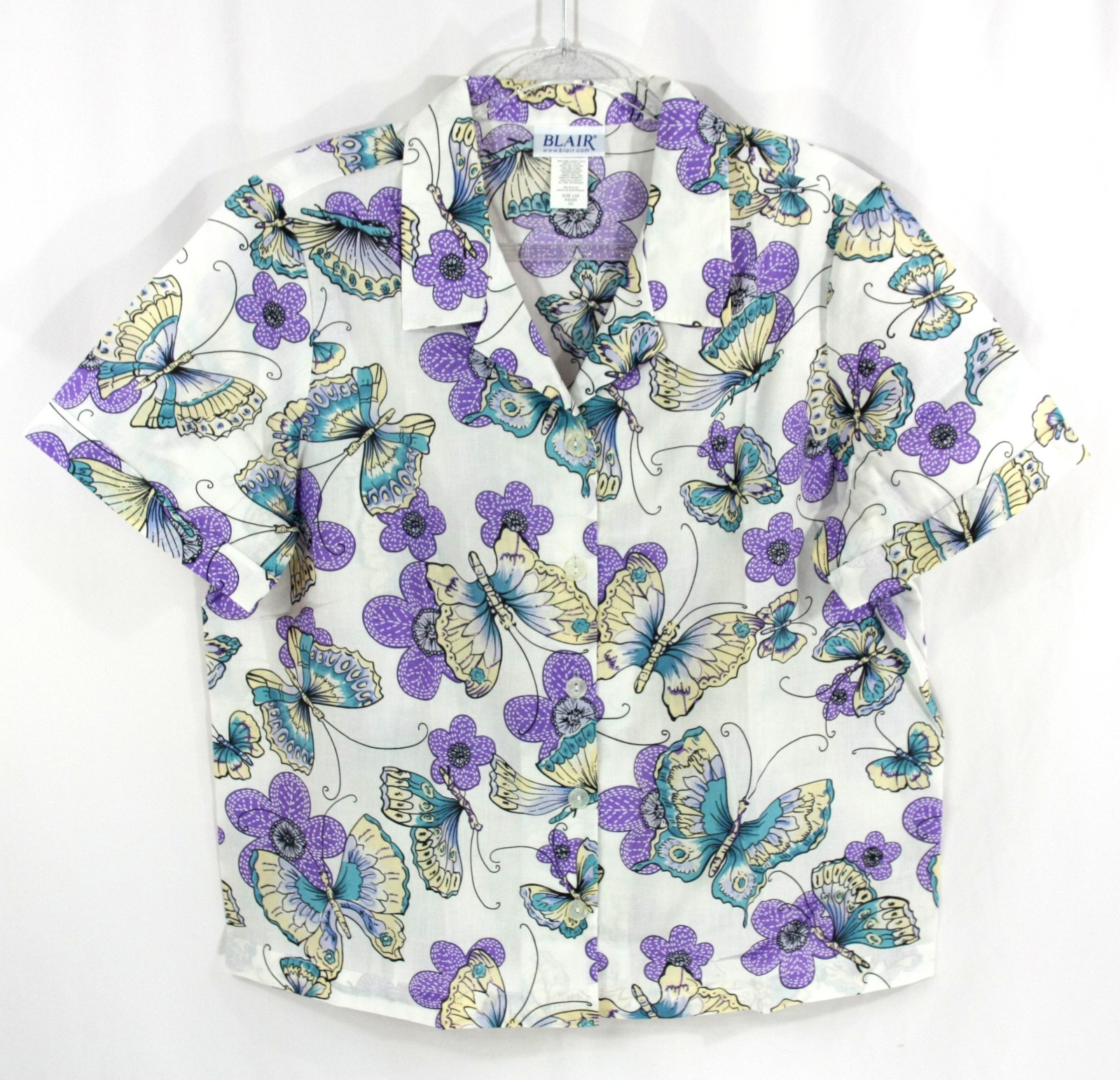 Vintage Blair Purple and White Butterfly Short Sleeve Shirt Blouse Top L Whimsy