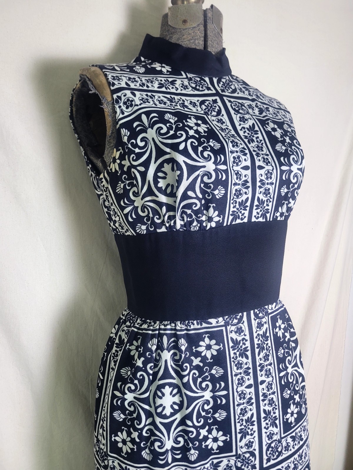 Vintage 60s 70s Black And White Maxi Filigree Greek Italian Dress Size Small