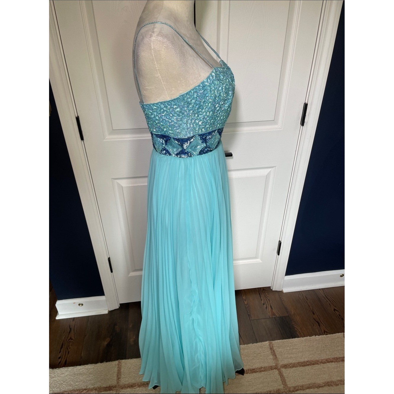 EUC Vintage 60s 70s Mike Benet Aqua Sequin Chiffon Sleeveless Maxi Dress Size 00