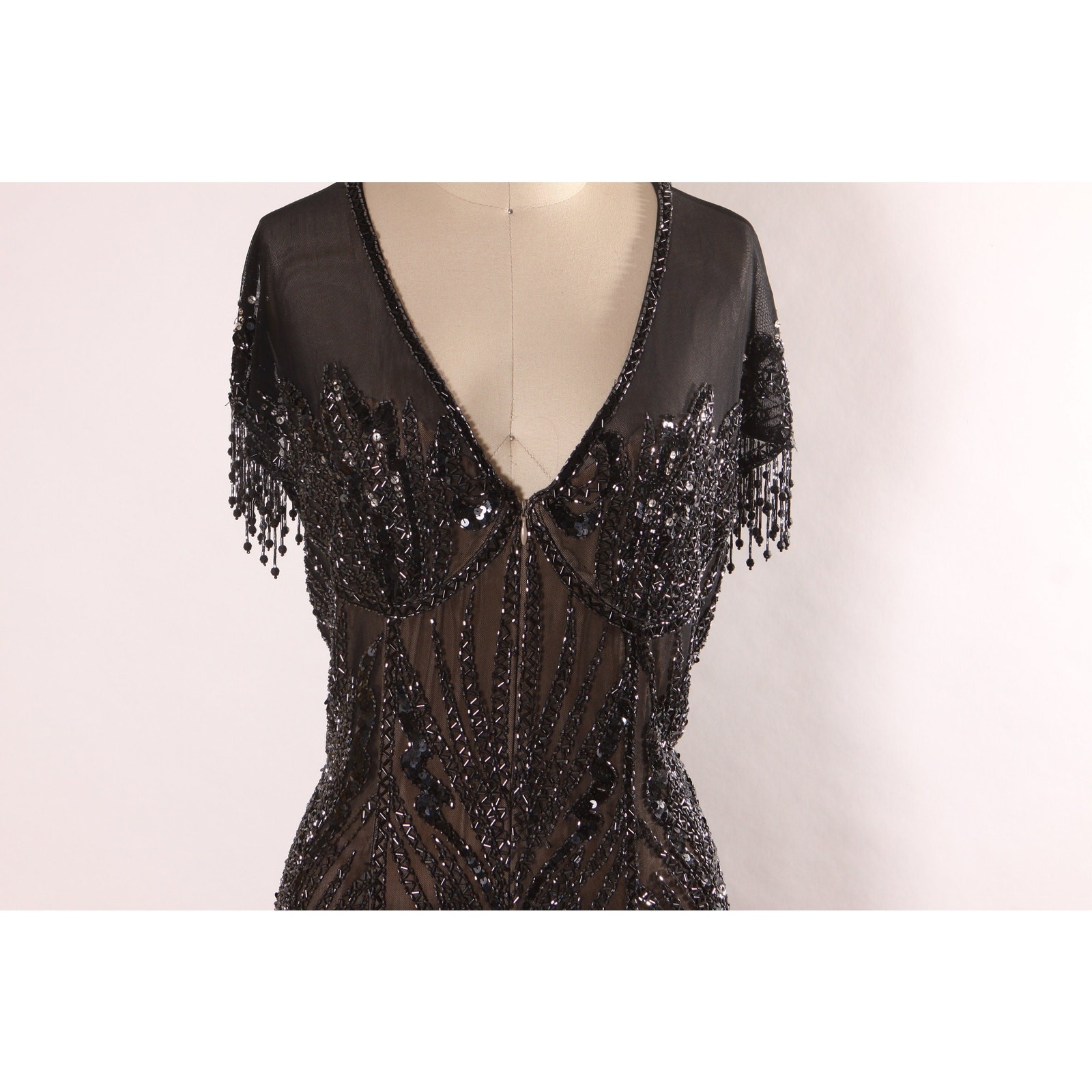 1980s 1990s Black Sequin Beaded Fringe Flapper Style Dress by Peak Evenings