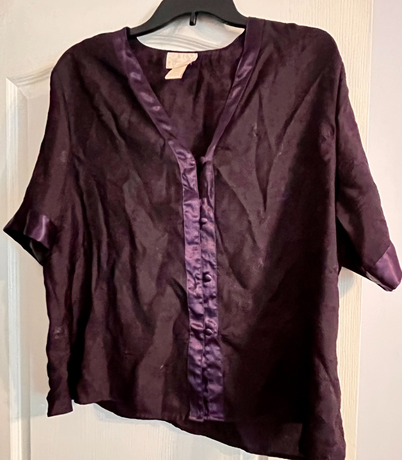 Vintage 80s Sears Inner Most Satin Pajama Set 2pc Eggplant Purple L Brocade Top