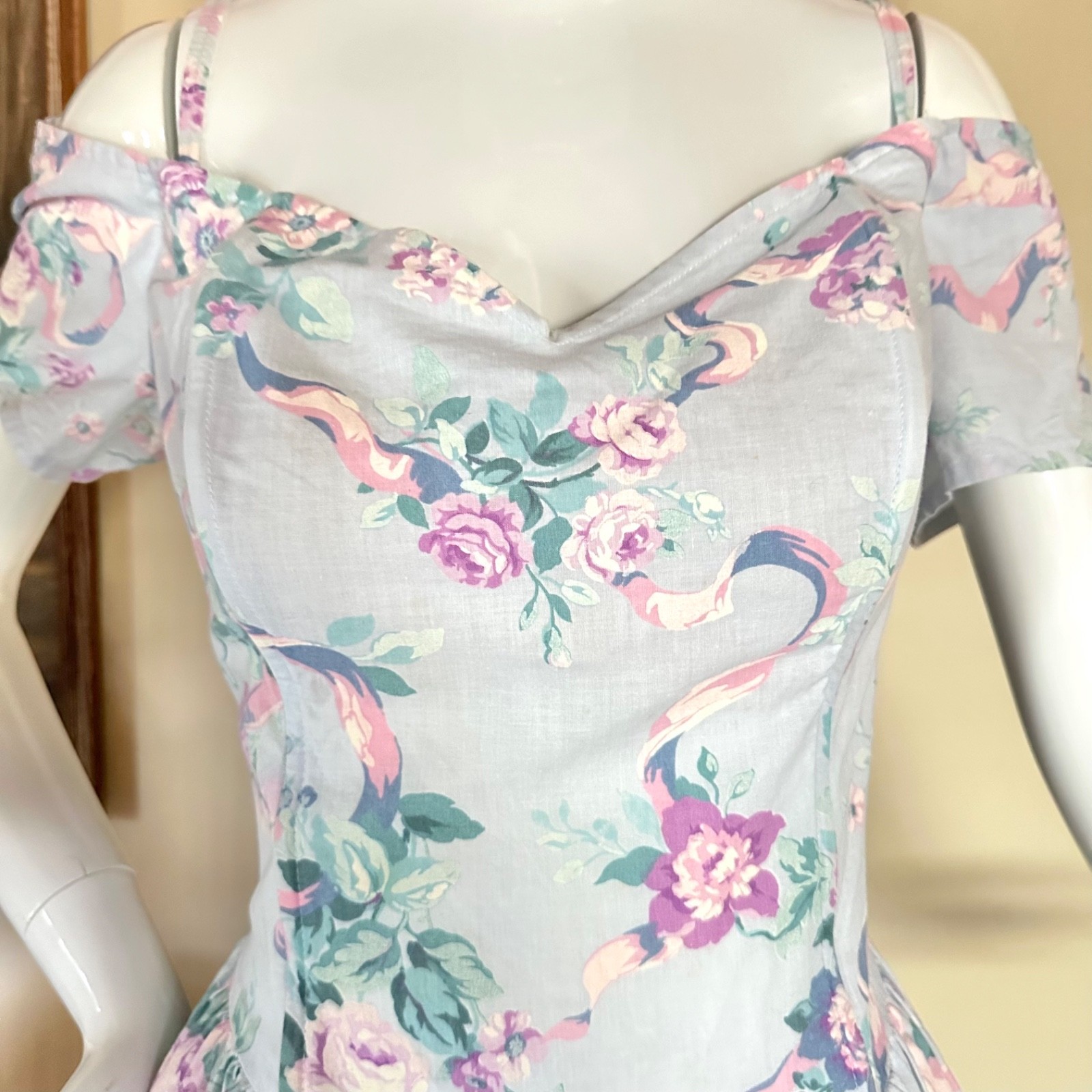 Vtg 1980s Off-Shoulder Baroque Floral Print Fit Party Dress Cottagecore L Volup